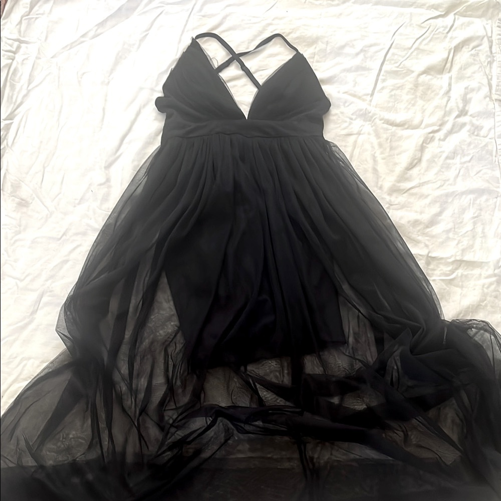 Haute Monde Black Tulle A Line Maxi Evening Dress